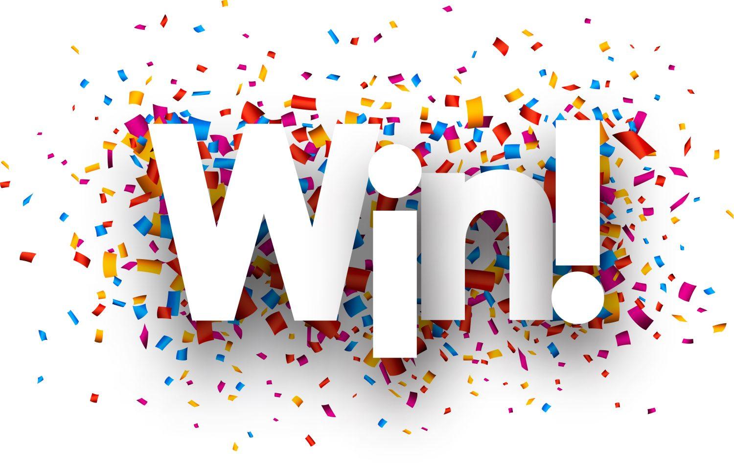 Colourful WIN sign with confetti, representing exciting raffle prizes
