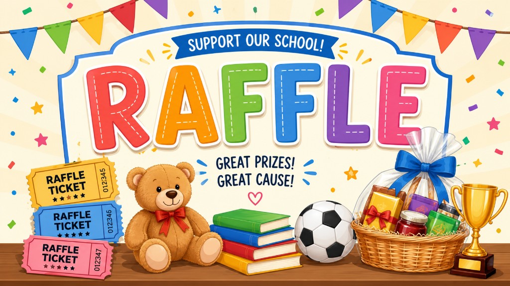 Colourful illustration promoting a school raffle with prizes, tickets and Support Our School banner